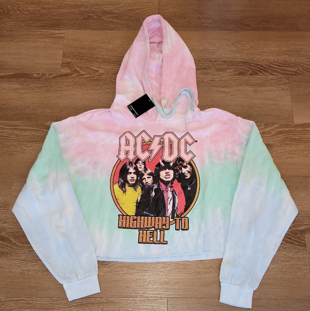 ACDC High Way to Hell Sweater Womens Medium Long Sleeve Tie Dye Crop Hoodie New